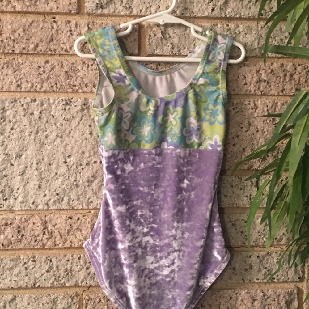 Child M, Gymnastics Leotard, Velour purple/flowers